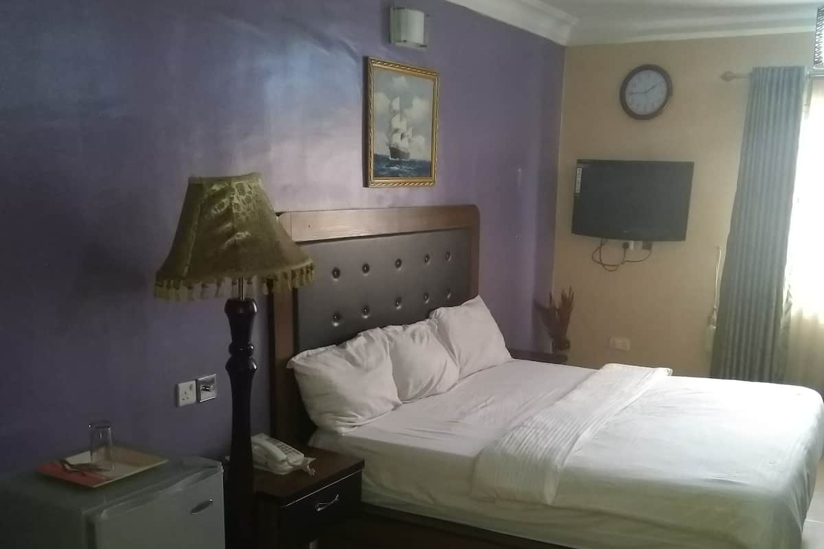 Quarto de hotel com cama, mesa de cabeceira, luminária, televisão e pequeno frigorífico.