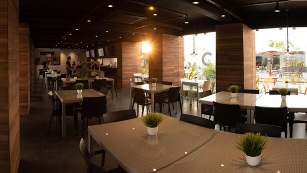 Un restaurante moderno con varias mesas y sillas, algunas acompañadas de plantas en macetas.
