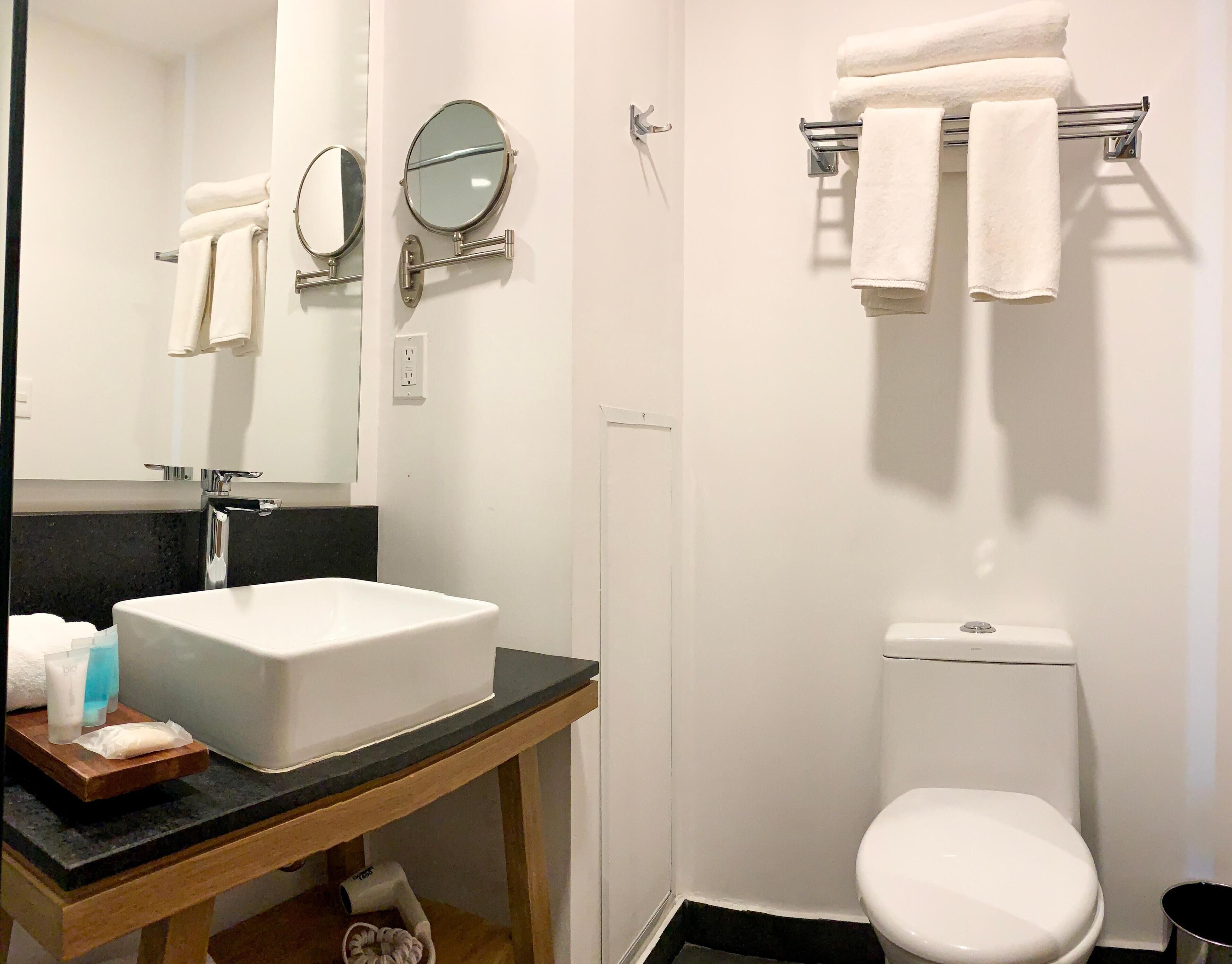 shower, free toiletries, hair dryer, towels