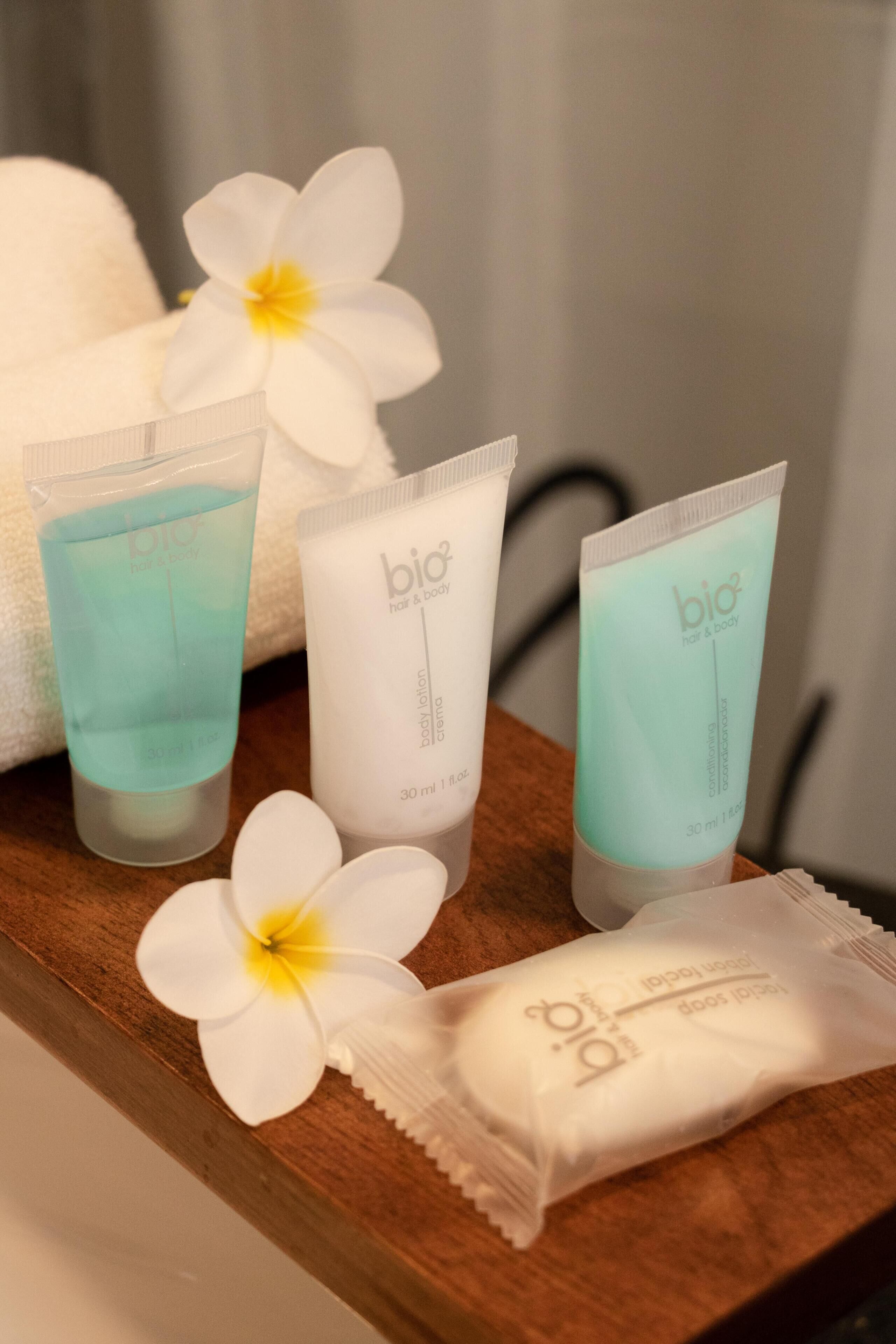 shower, free toiletries, hair dryer, towels