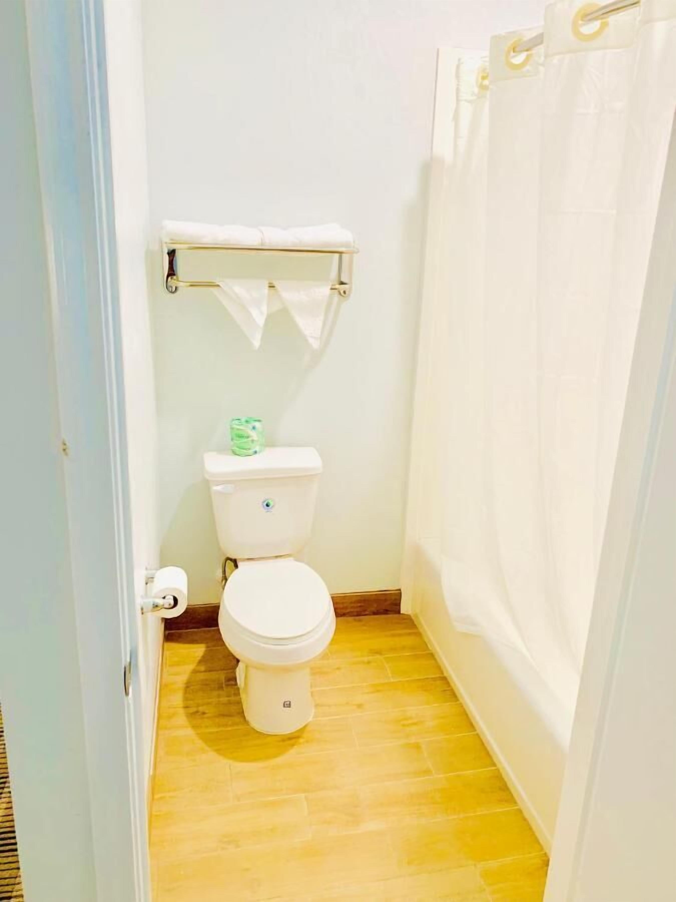 Un baño pequeño y limpio con inodoro, toallero y cortina de ducha.