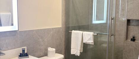Combined shower/tub, free toiletries, towels