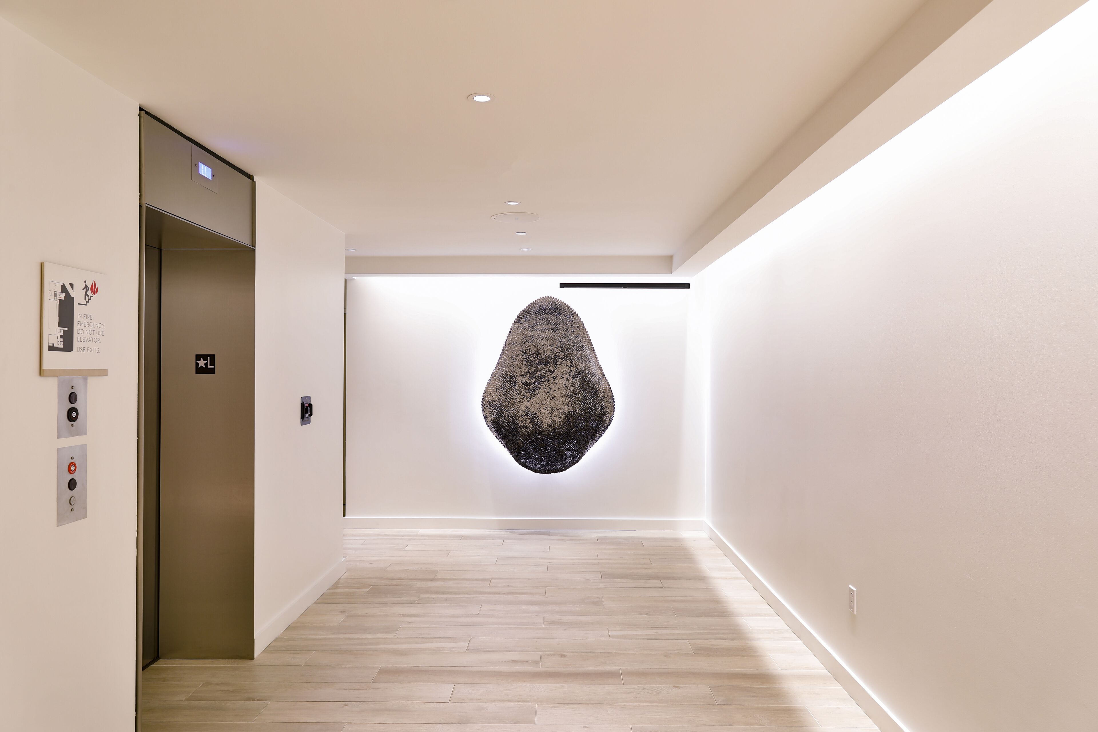 Un pasillo moderno con piso de madera, un ascensor y una escultura en la pared.