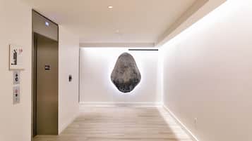 A modern hallway with a wooden floor, an elevator, and a wall-mounted sculpture.