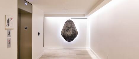 A modern hallway with a wooden floor, an elevator, and a wall-mounted sculpture.