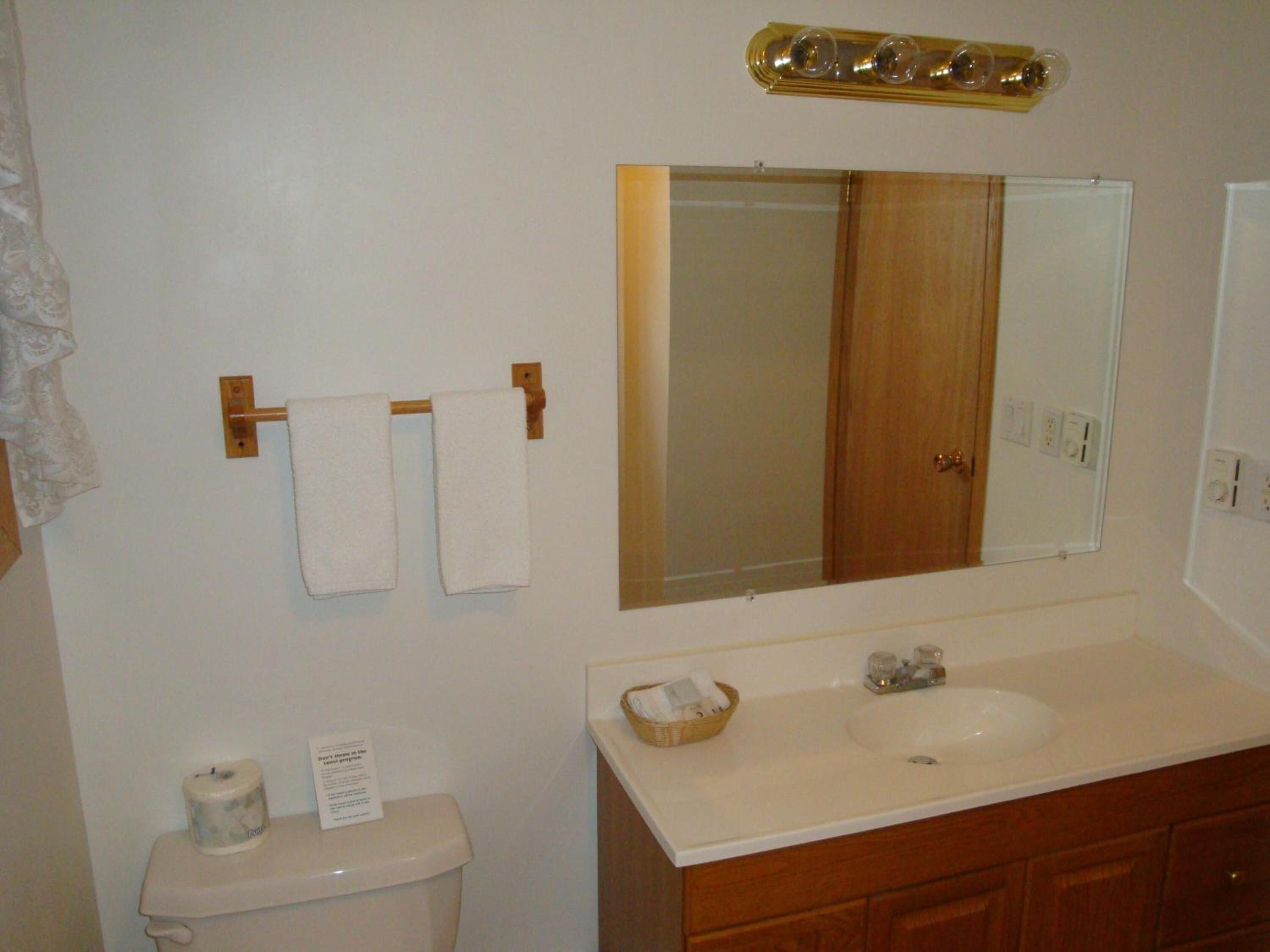 A bathroom with a toilet, a sink, a mirror, and two towels hanging on a towel rack.