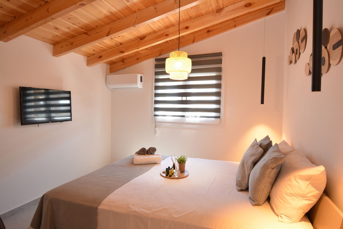 A bedroom with a wooden ceiling, a bed with pillows, a bedside table with a plant, and a TV on the wall.