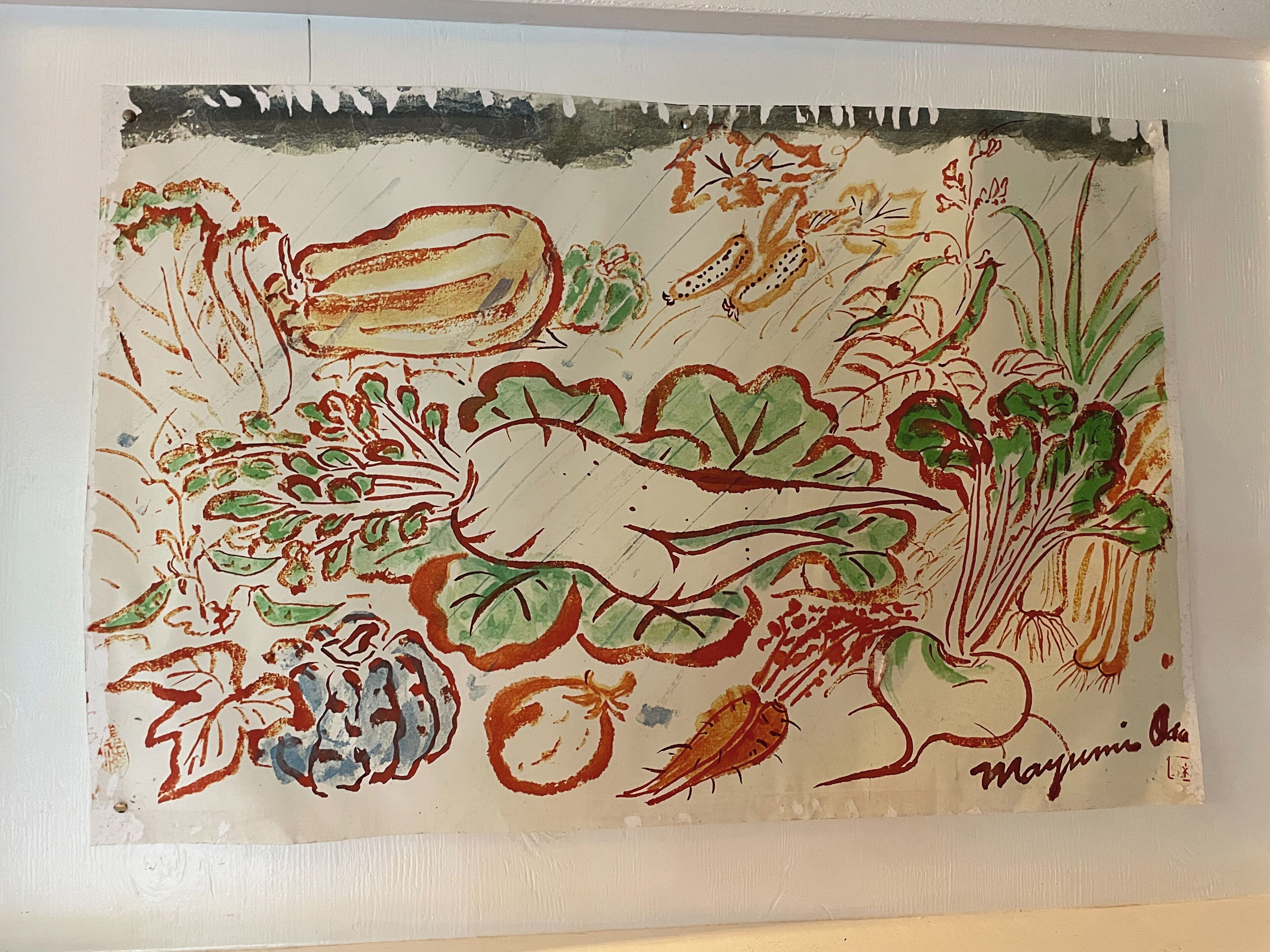 A painting of various vegetables and flowers.