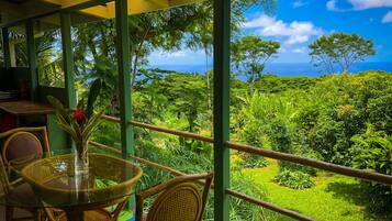 Enjoy a serene view of the lush landscape from the comfort of this room, featuring a glass table and wicker chairs.