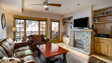 Smart TV, fireplace, books, stereo
