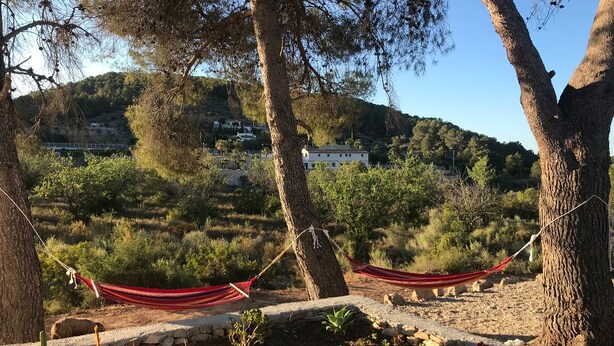 Un'amaca tesa tra due alberi in un giardino, con vista su una collina e degli edifici sullo sfondo.