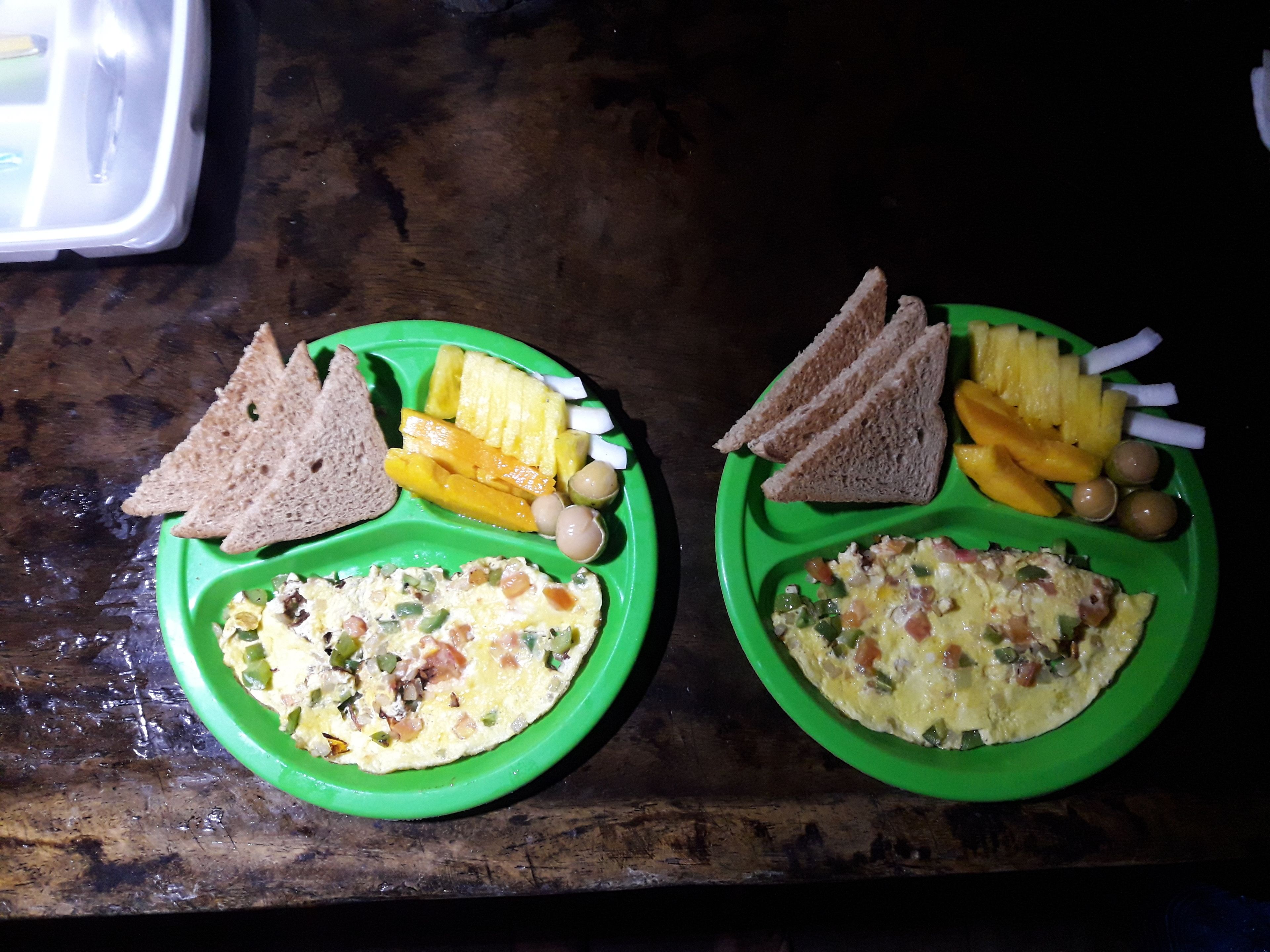 Two green plates with food items including toast, fruit, and omelets on a wooden surface.