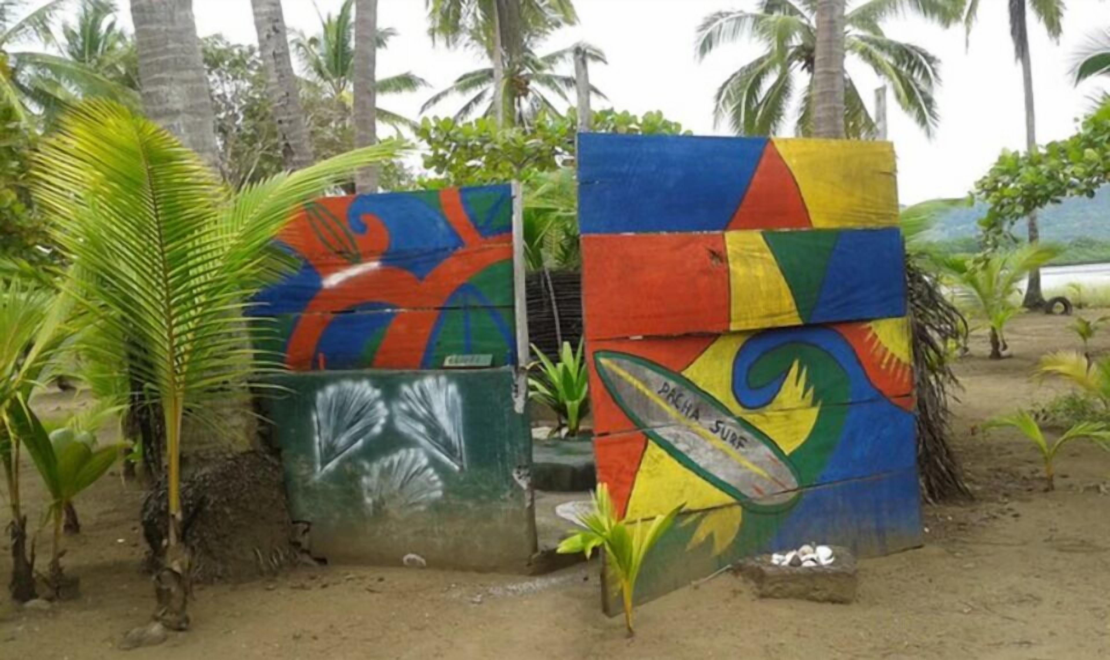 Dos paneles coloridos, pintados de forma abstracta, en un entorno exterior con palmeras.