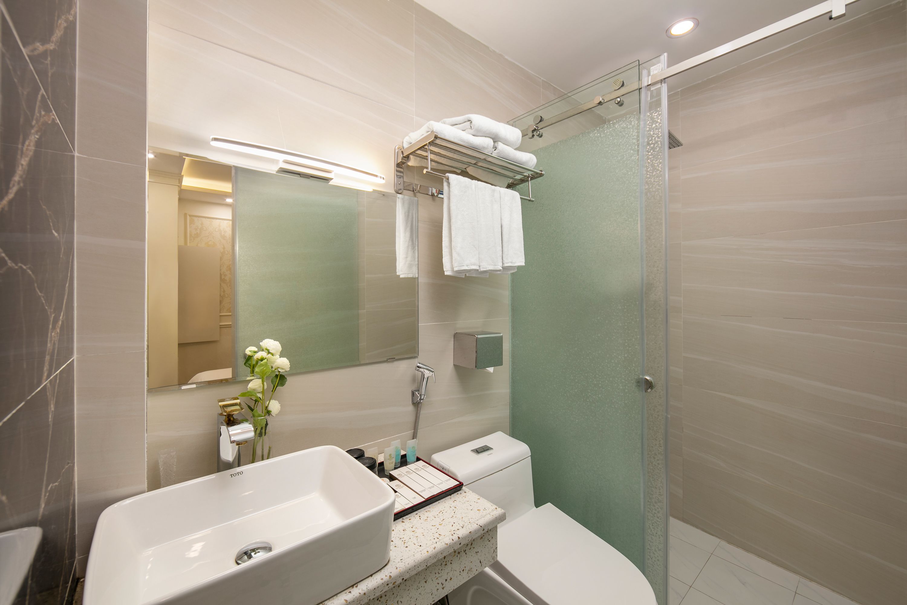 shower, free toiletries, hair dryer, bathrobes