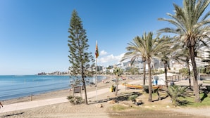 A beach with a flag, palm trees, and a boat. - MalagaSuite Lux Beach & Pool (Torremolinos)