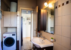 Hair dryer, towels, soap, shampoo