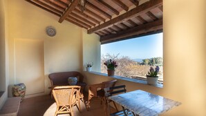 A cozy patio with wicker furniture, a marble table, and potted plants. - Beatrice - Charming accommodation in period farmhouse near Montepulciano (Chianciano Terme)