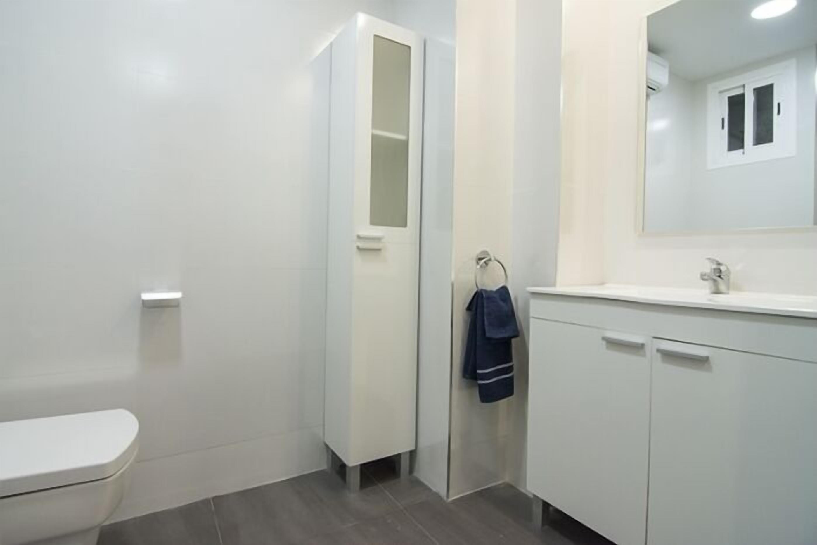 A bathroom with a toilet, a sink, and a mirror.