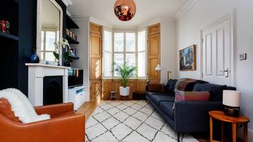 TV, fireplace, books