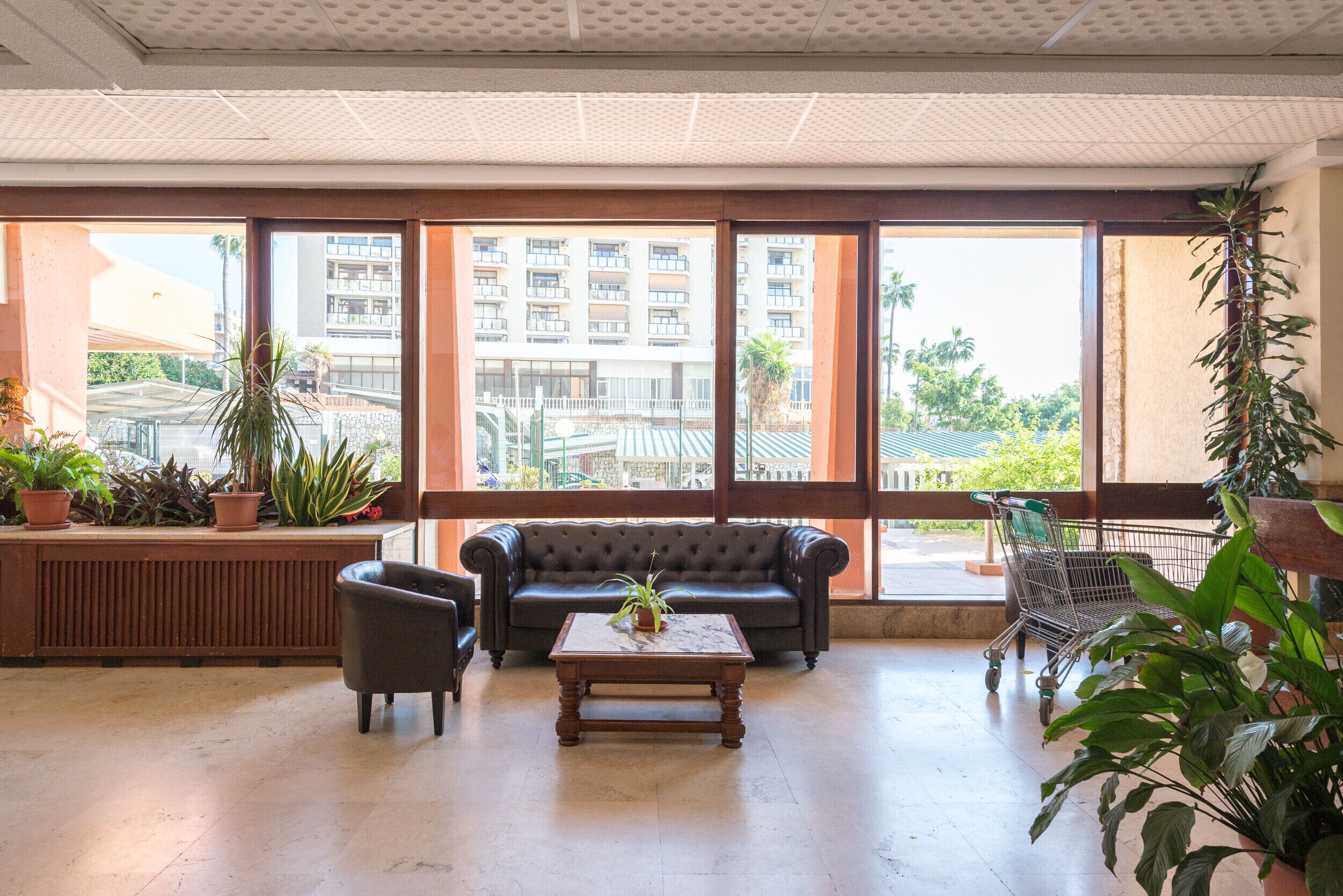 Een ruime lobby met een leren bank, een houten bijzettafeltje en potplanten.