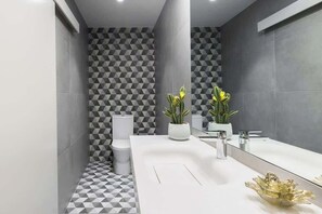 Chuveiro, secador de cabelo, toalhas de banho 