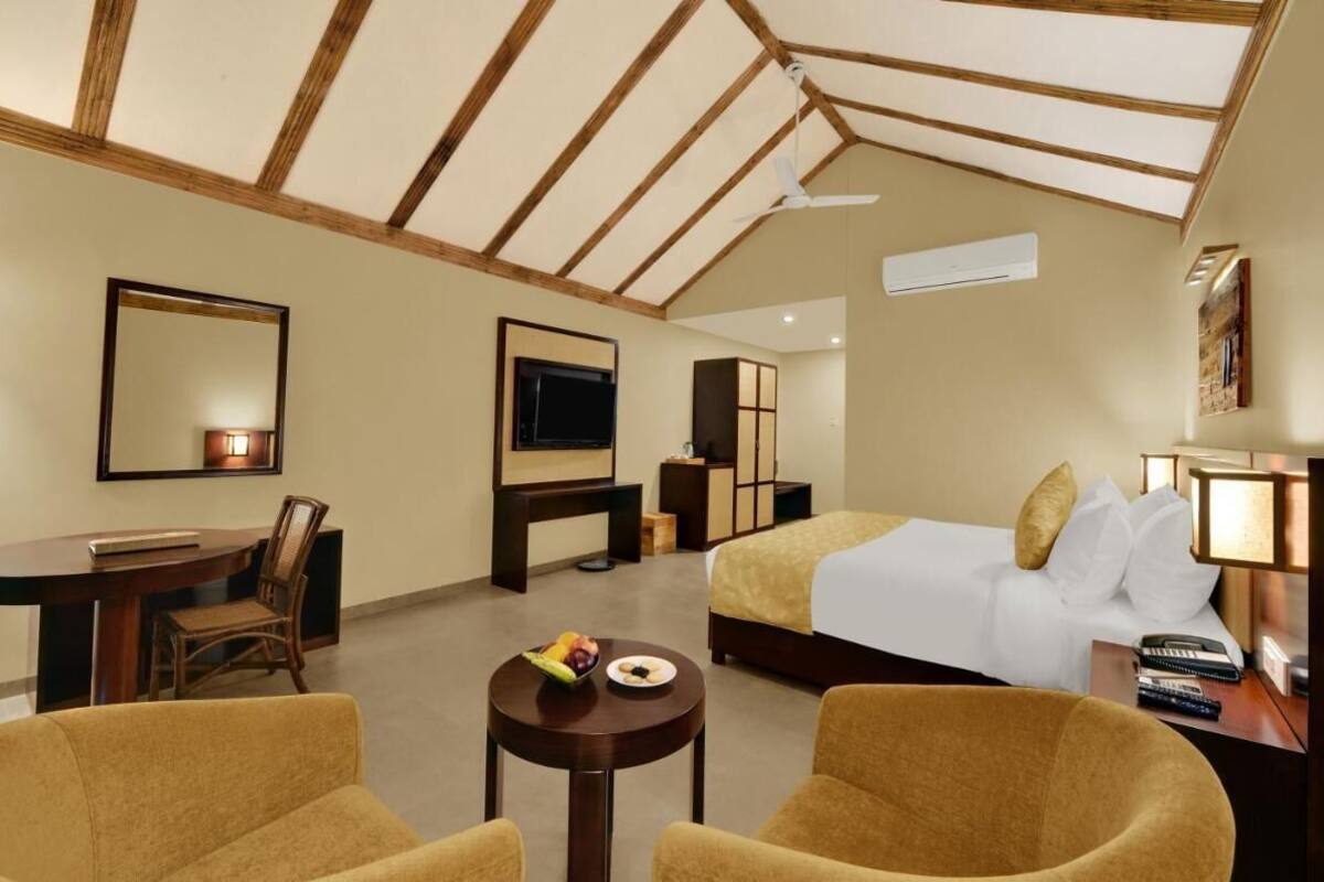 A hotel room with a bed, a desk, a chair, a small table with fruit, and a ceiling fan.