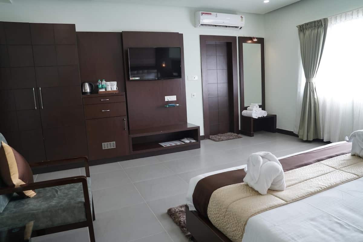 Une chambre d’hôtel avec un lit, une télévision, une armoire, un miroir et une porte de salle de bain.