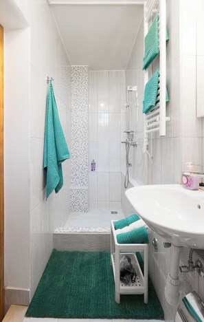 Dusche, Haartrockner, Handtücher, Toilettenpapier