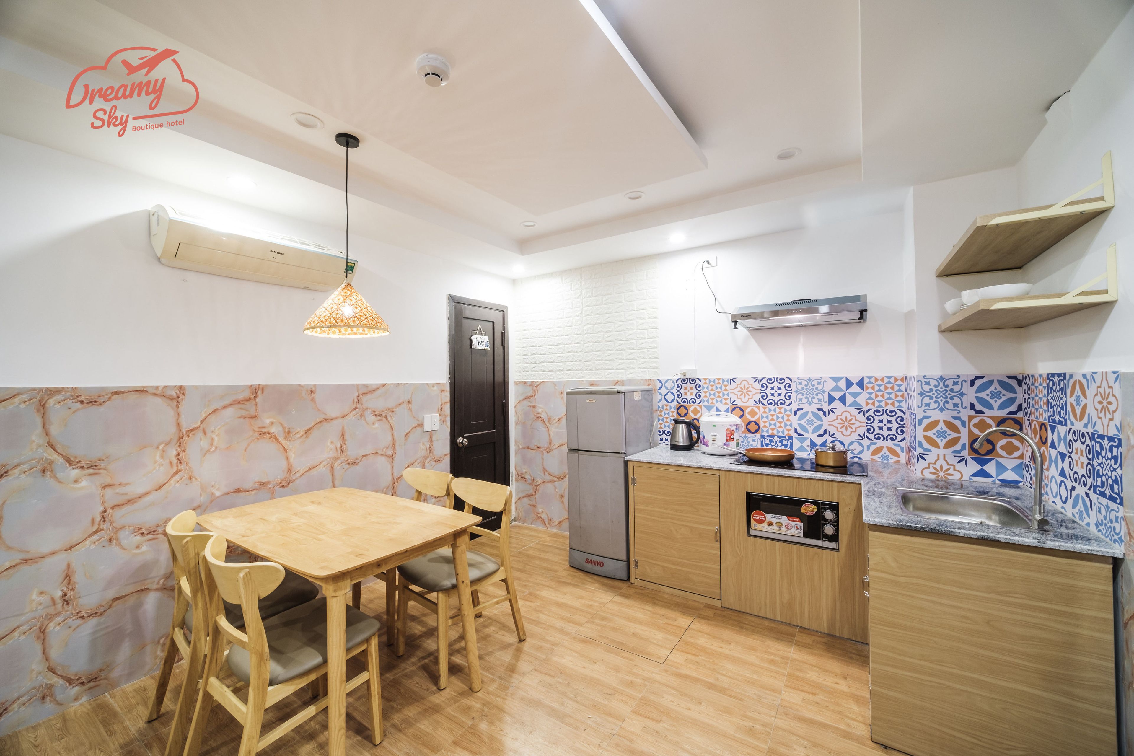 fridge, microwave, electric kettle