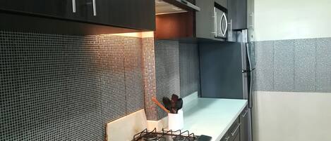 Fridge, microwave, oven, electric kettle