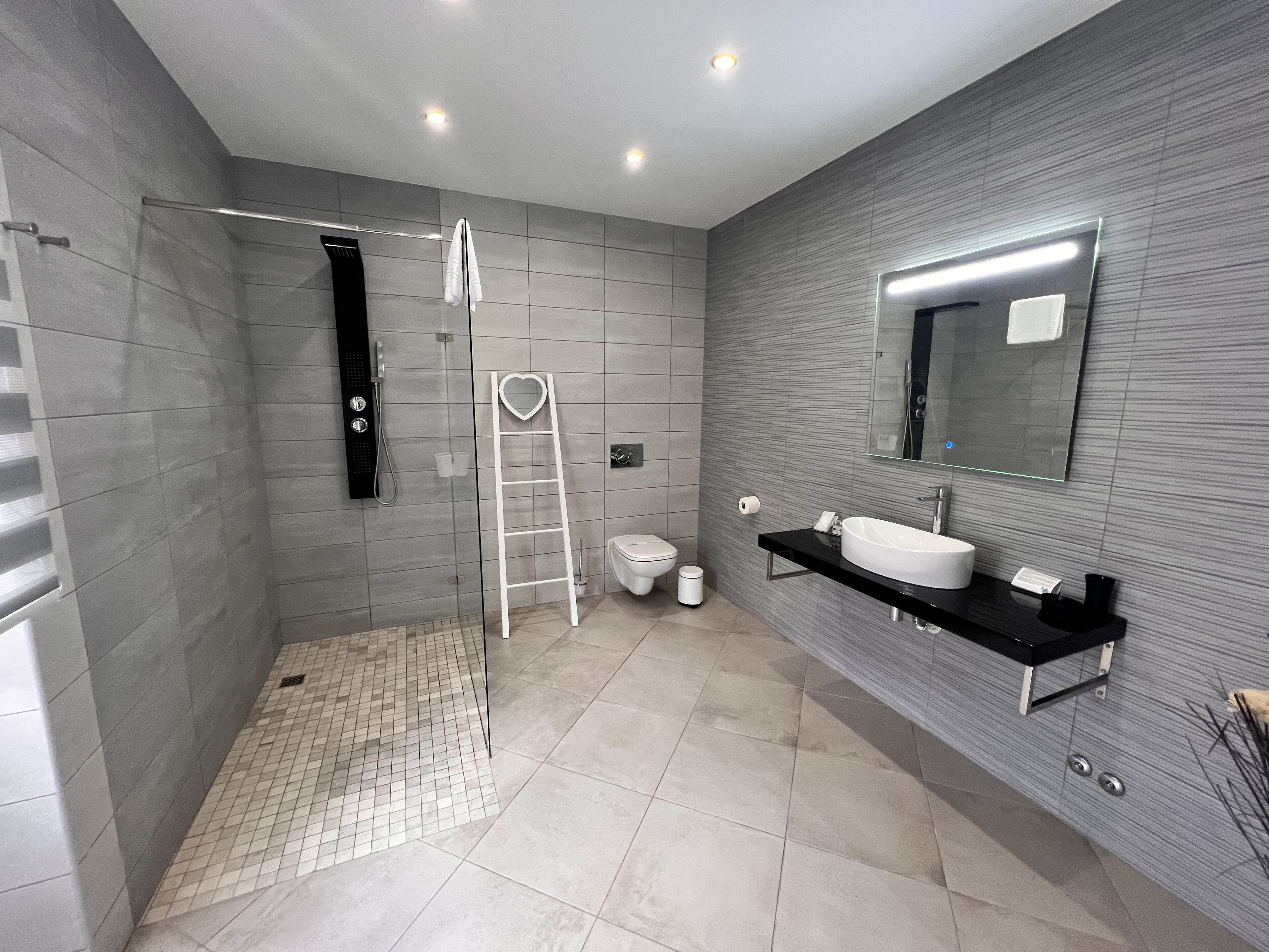 A modern bathroom with a walk-in shower, a white vanity with a large mirror, and a heart-shaped ladder.