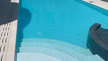 Seasonal outdoor pool, pool umbrellas, pool loungers
