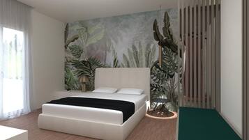A modern bedroom with a large bed, a mural of tropical plants on the wall, and a small round table with a lamp.
