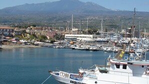 Ein Yachthafen mit vertäuten Booten, ein Berg im Hintergrund und Gebäude entlang der Küste.