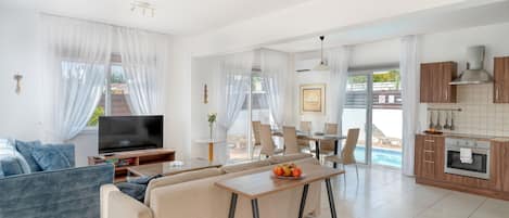 Villa, 3 Bedrooms, Private Pool | Living area | 43-inch flat-screen TV with satellite channels, TV, stereo