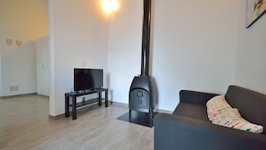 Una sala de estar con un sofá, un televisor sobre un mueble bajo y un estufa de leña.