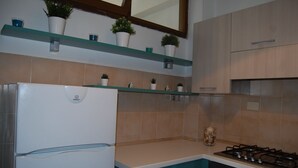 A kitchen with a refrigerator, stove, teal cabinets, and potted plants on shelves. - VERSILIA APARTMENT (Pietrasanta)