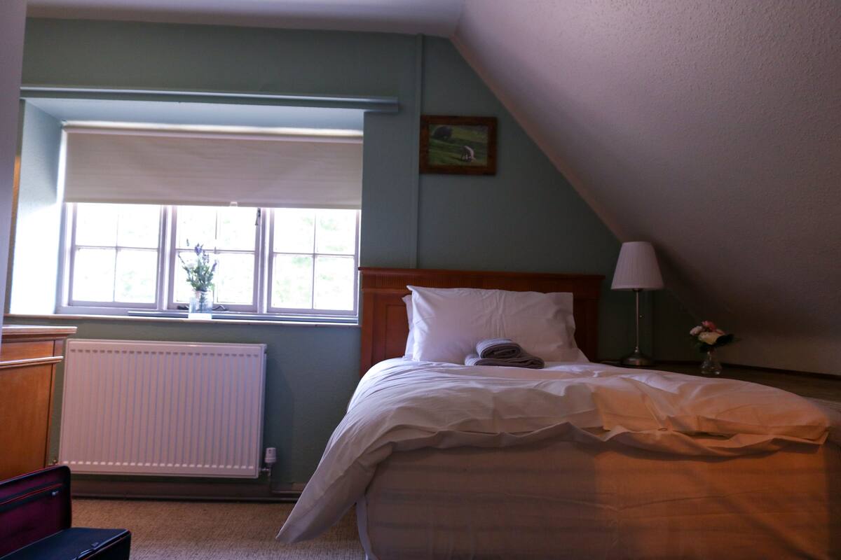 A bedroom with a bed, a window with a view, a radiator, and a lamp on the nightstand.