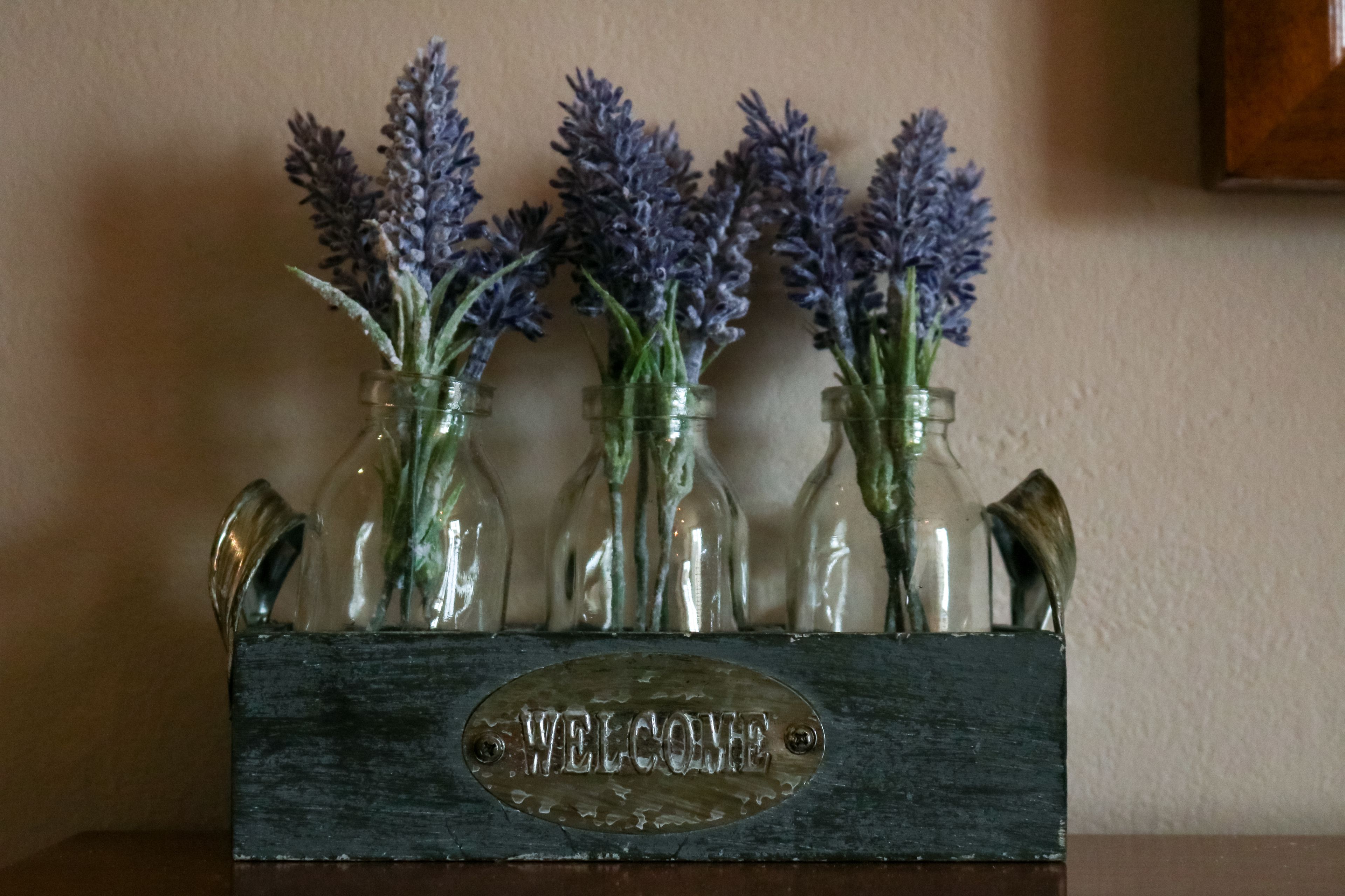 A wooden welcome sign with the text "WELCOME" above a row of clear glass vases containing lavender flowers.