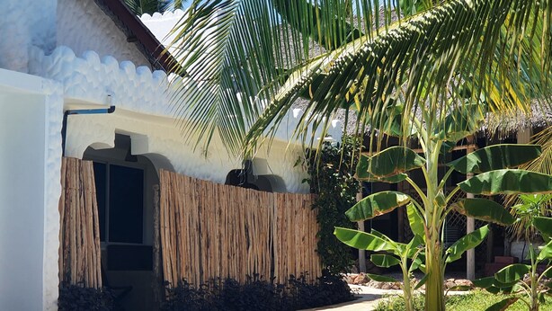 A swimming pool with a wooden deck, a white building with a thatched roof, and a palm tree. - Baridi Villa (Kiwengwa)