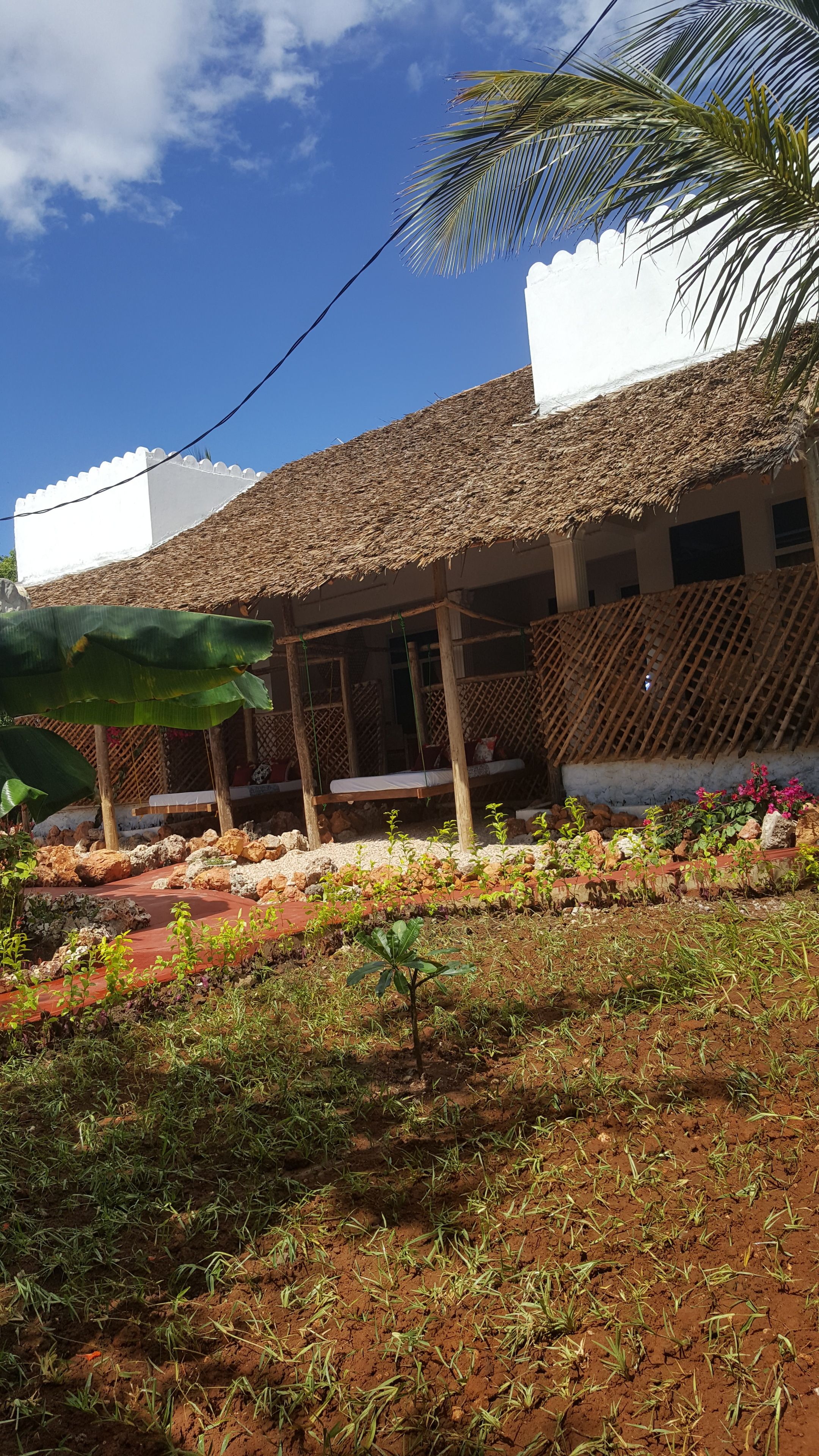 Ein Gebäude mit einem Strohdach und einer überdachten Außenbestuhlung, umgeben von einem Garten mit verschiedenen Pflanzen und einer Palme.