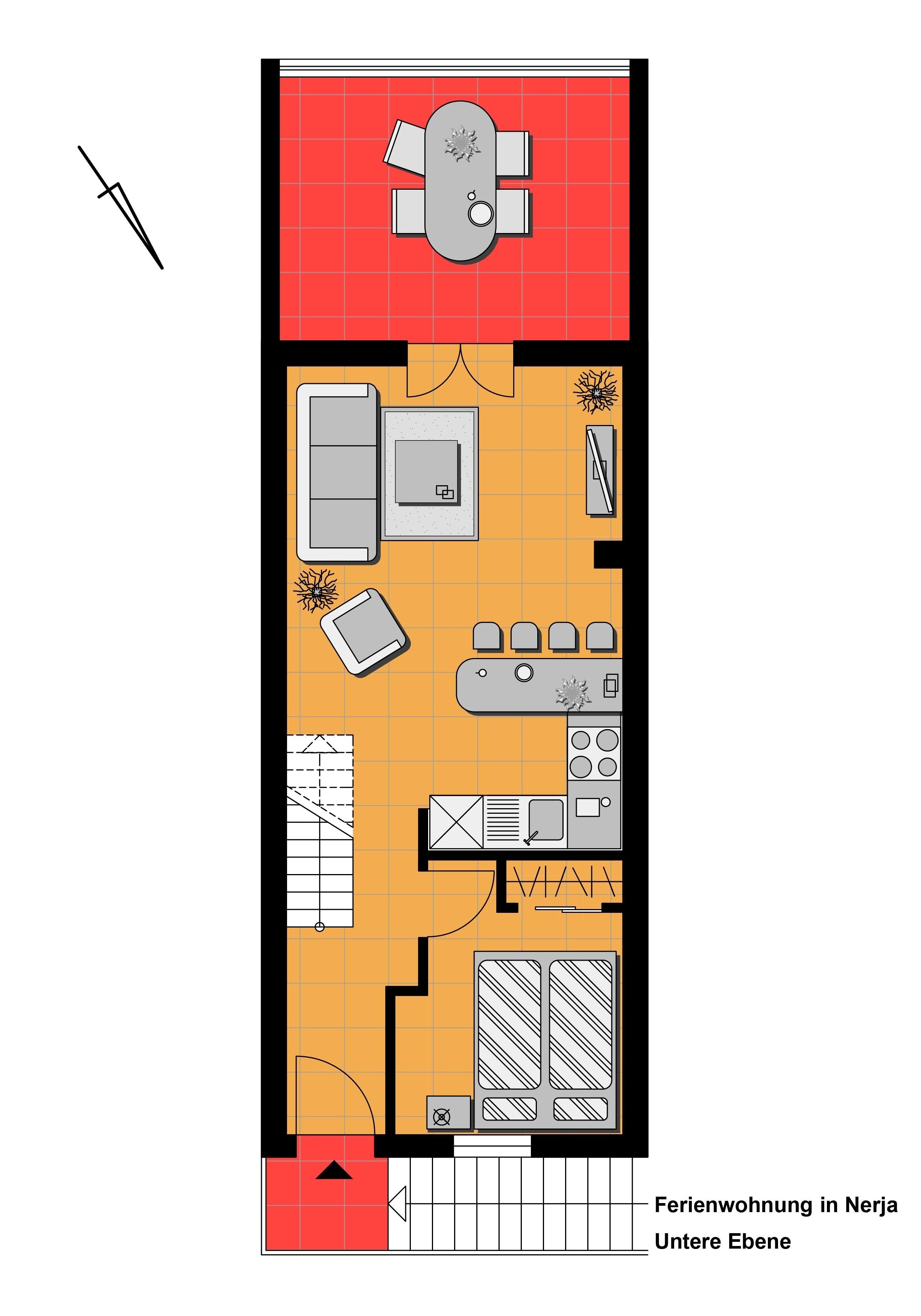 A floor plan of a residential apartment with a dining area, kitchen, living room, and a small bathroom.