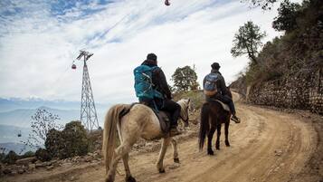 Two people riding horses on a dirt path with a mountainous backdrop and a power line tower.