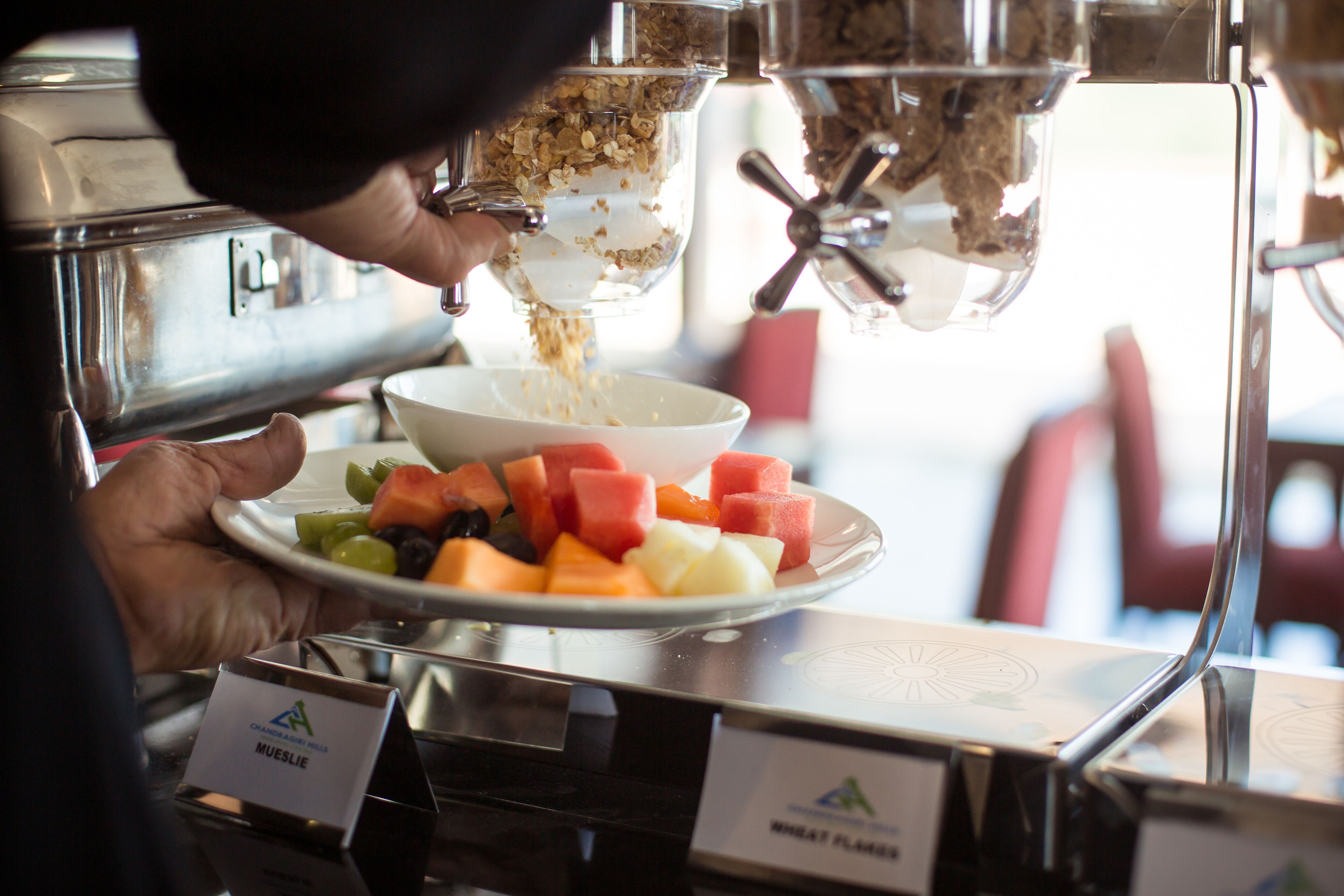 A person pouring granola into a bowl on a plate with various fruits.