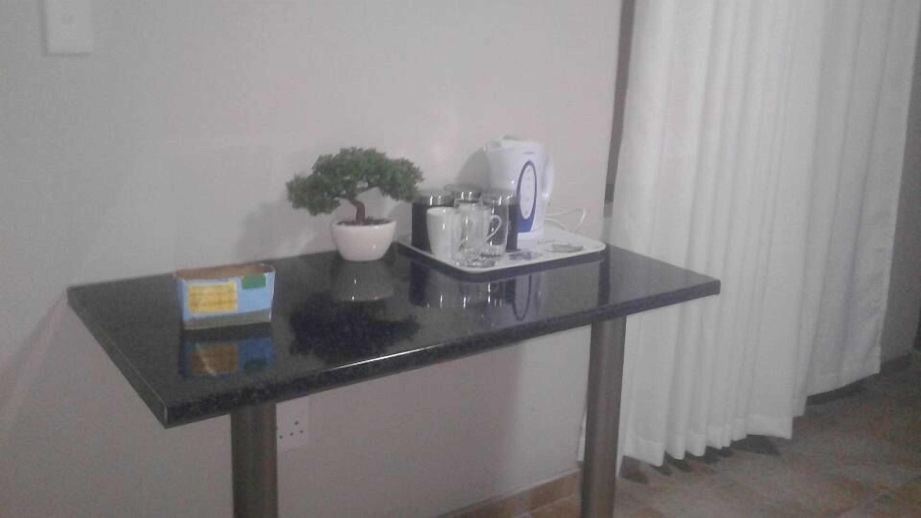 Et lille, mørkt bord med en potteplante, en elkedel og en kasse med tissues.