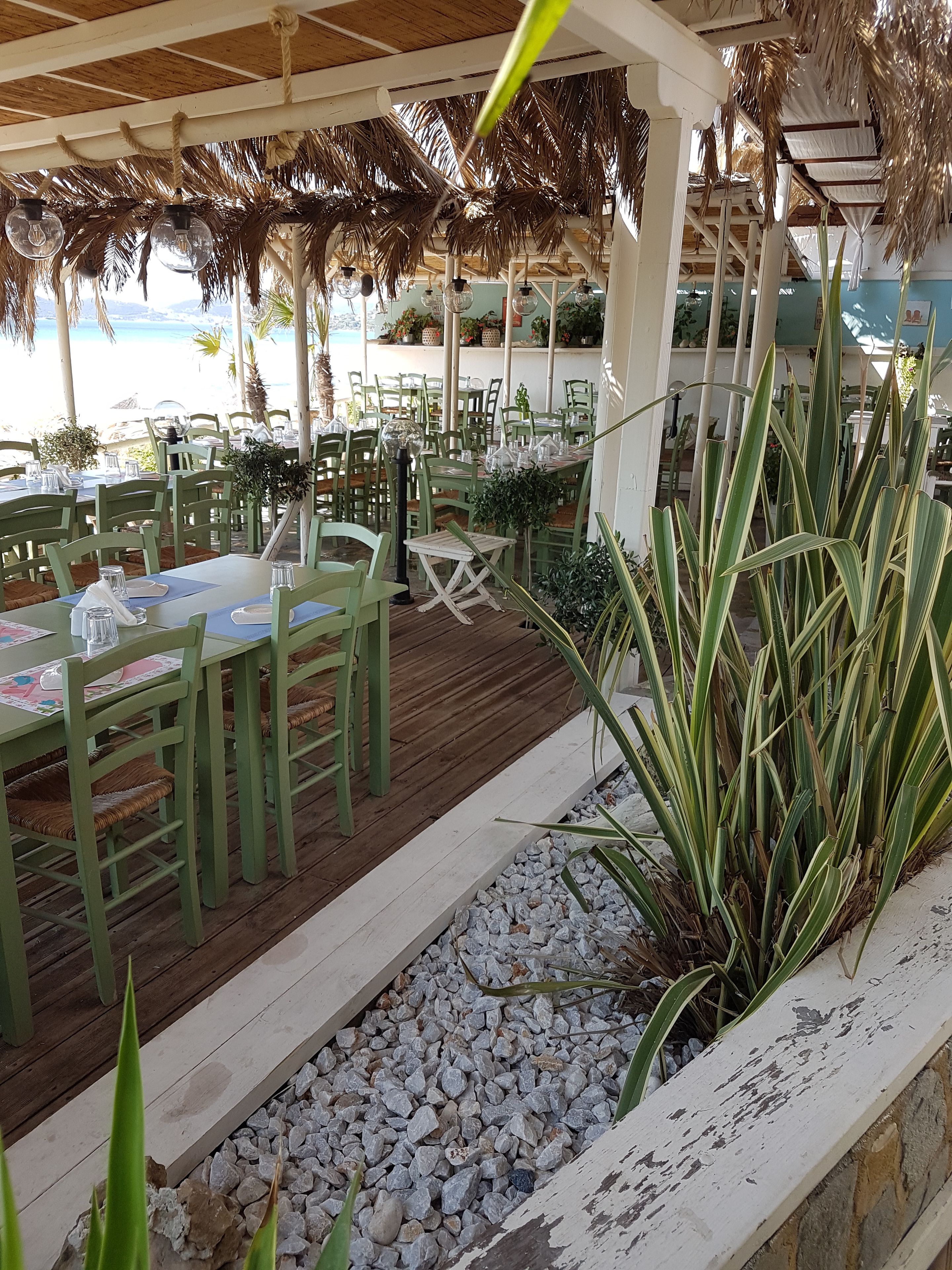 Een restaurant met terras, houten tafels en stoelen, omringd door planten en uitzicht op het strand.