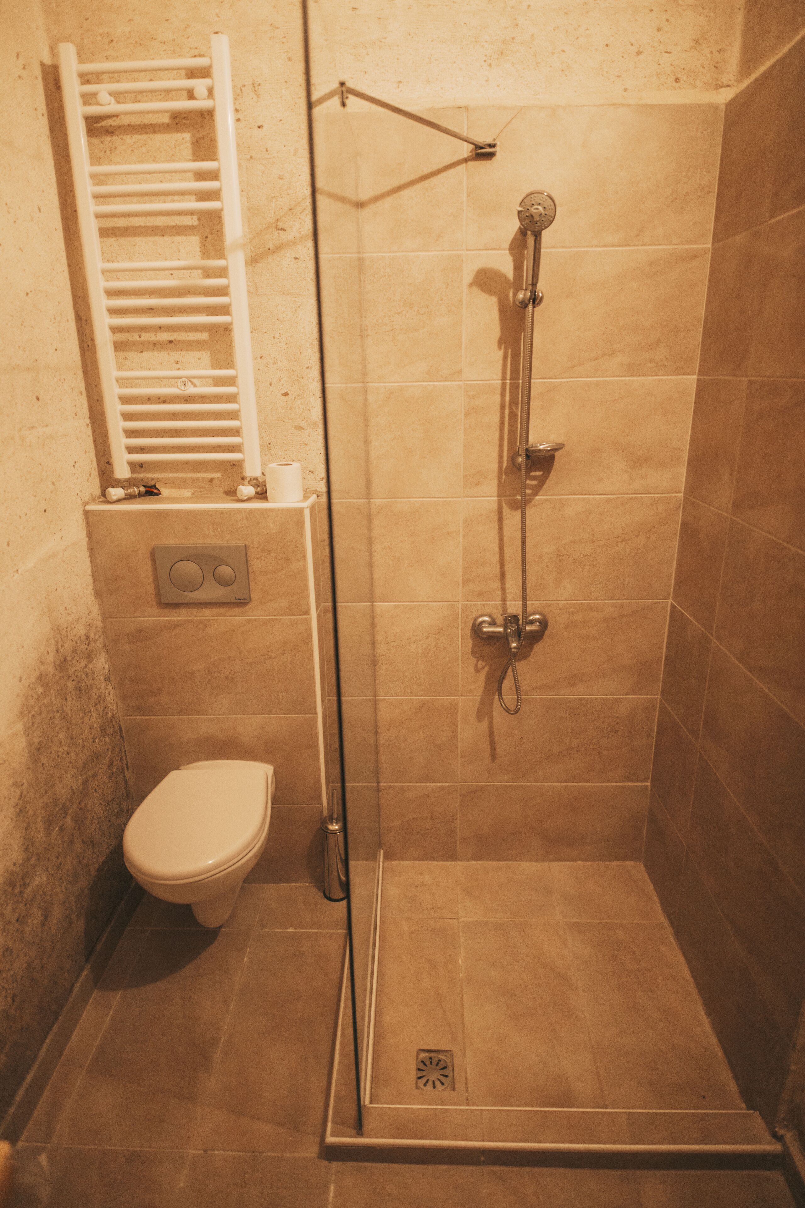 Una ducha con puerta de vidrio, un inodoro y un perchero para toallas.