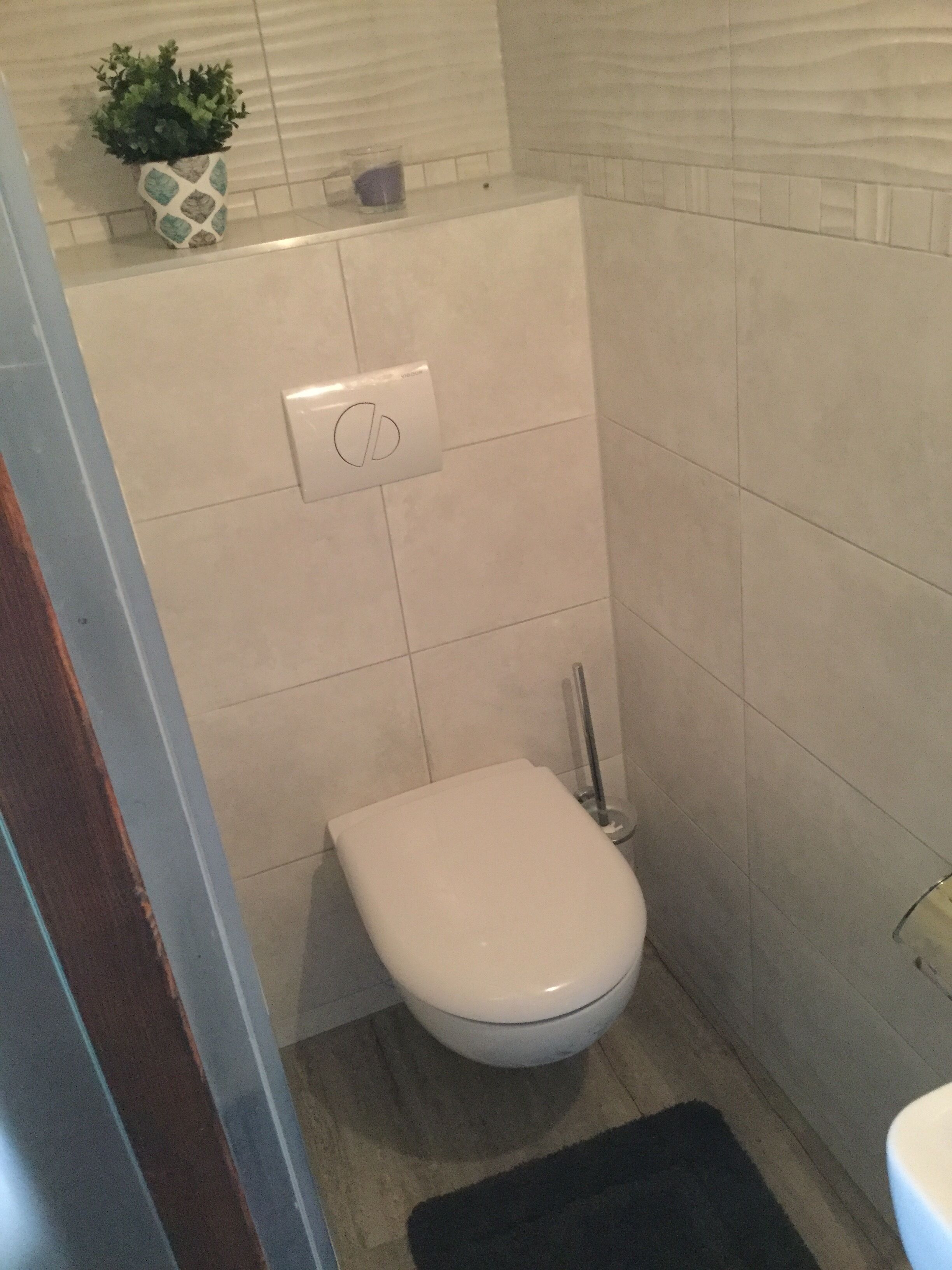 Een kleine badkamer met toilet, handdroger en een bloempot aan de muur.