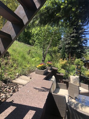 A patio area with outdoor furniture, a concrete pathway, and potted plants. - Vacation in the Ore Mountains (Sehmatal-Cranzahl)