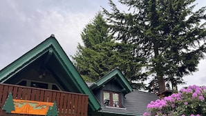 A traditional chalet-style building with a green roof, a balcony with a wooden railing, and a stone wall with a bench. - Vacation in the Ore Mountains (Sehmatal-Cranzahl)